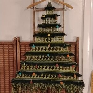 Vintage Macrame Christmas Tree Wall Hanging with Pom-Poms Kitsch MCM